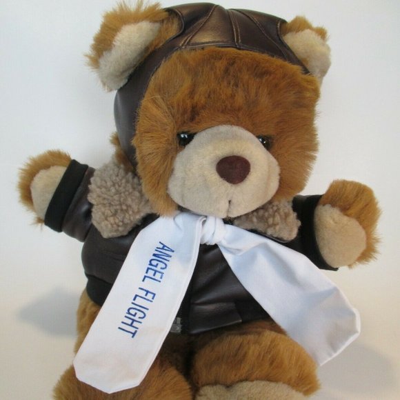 ANGEL FLIGHT Stuffed Plush BROWN AVIATOR Teddy Bear w/ Leather Look JACKET & HAT - Picture 2 of 6
